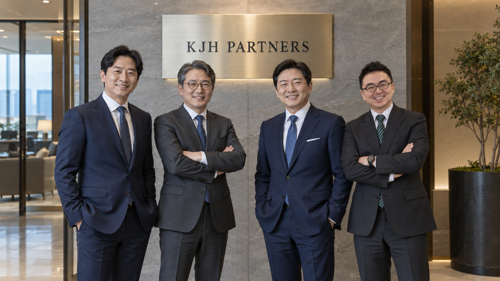 KJH PARTNERS 명판 앞에 서서 웃고 있는 가상의 한국 남성 4명